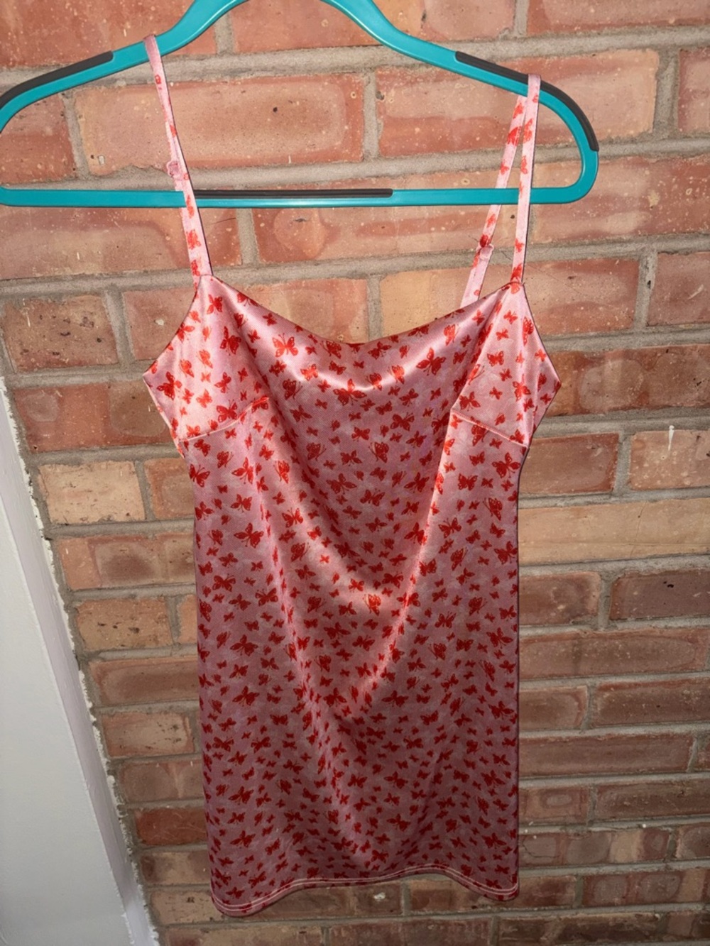 Urban Outfitters Pink Slip Dress with Red Butterfly Print